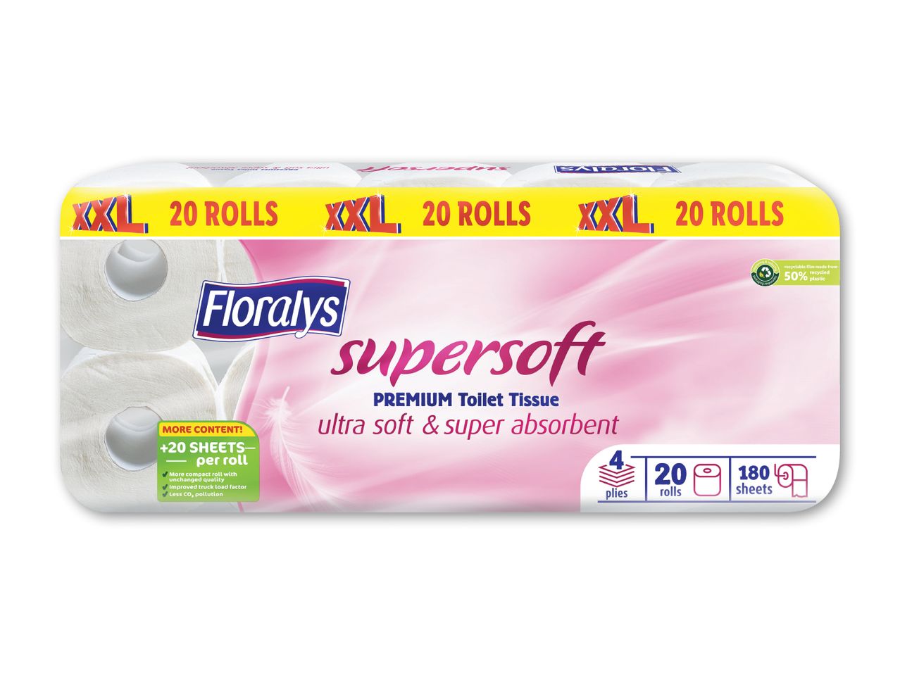 Floralys Supersoft toiletpapir i en XXL-pakke med 20 ruller.