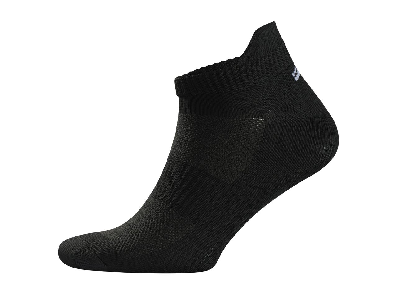 Black ankle sock with textured panels and a small white logo on the cuff.