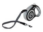 Retractable dog leash with a black and grey handle, a paw print design, and a reflective black and grey strap.