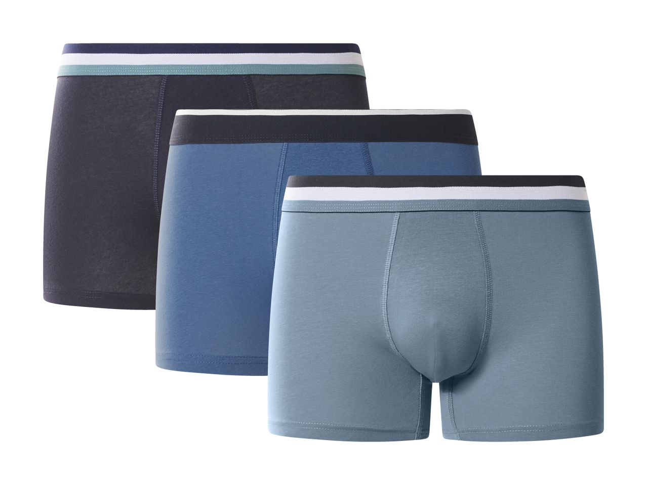 Three men's boxer briefs in dark blue, medium blue, and light blue, with striped waistbands.