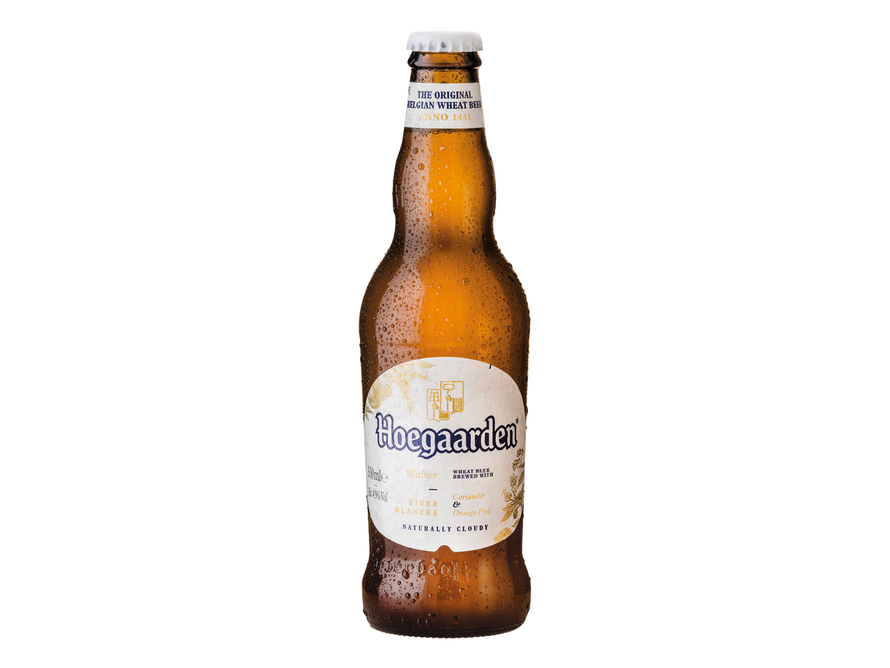 Boca pšeničnog piva s kapljicama vode, s natpisom 'THE ORIGINAL BELGIAN WHEAT BEER ANNO 1445'