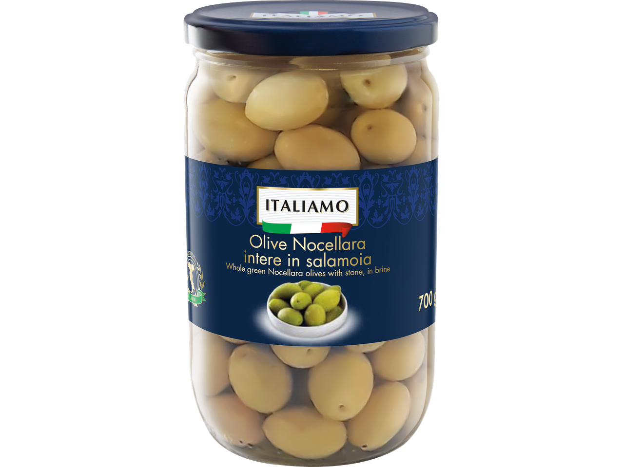 En burk med 'ITALIAMO' Nocellara-oliver i saltlake.