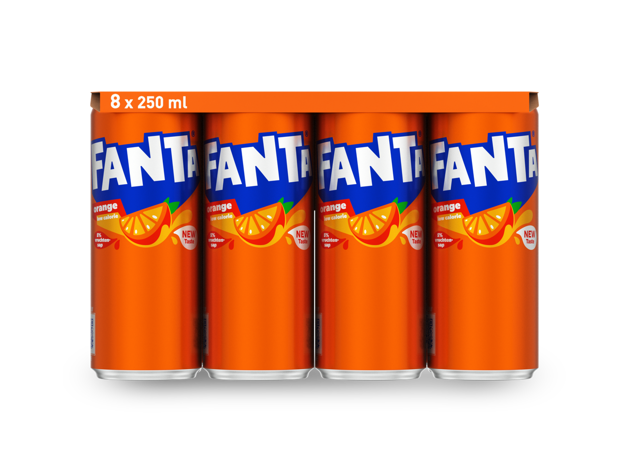 Acht blikjes Fanta sinaasappel, laag in calorieën.
