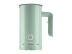 Light green milk frother with a handle and illuminated power button, showing various frothing options.
