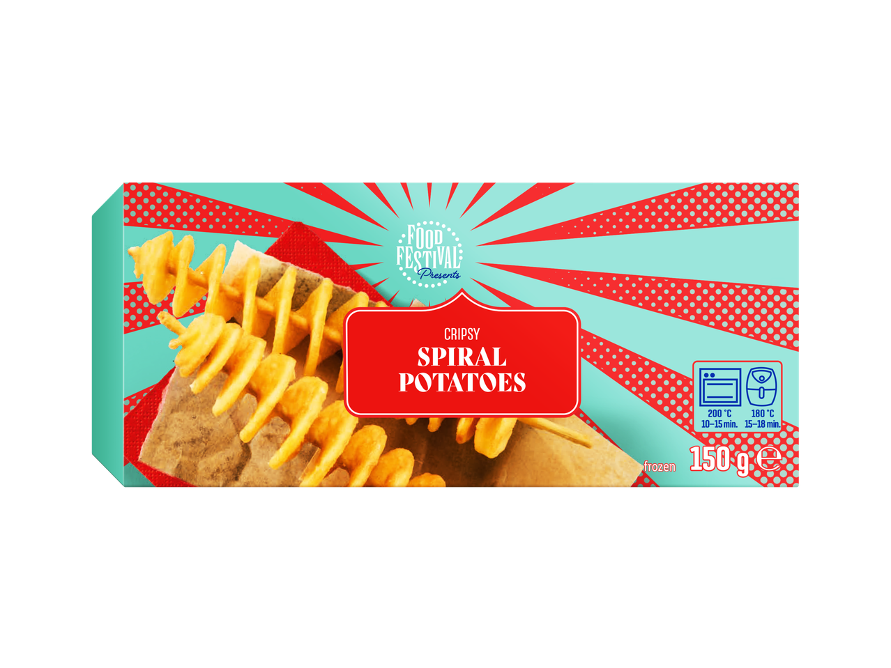 FOOD FESTIVAL Knapperige Spiraalaardappelen, diepvries, 150g, met bereidingsinstructies.