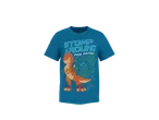 T-shirt azul infantil com dinossauro laranja e cachorro, texto 'STOMP AROUND'.