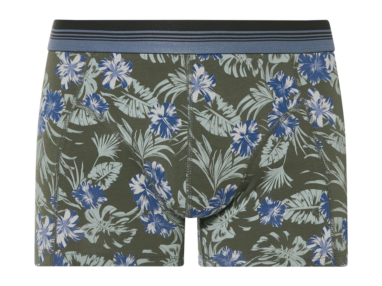 Men's olive green floral print boxer shorts.