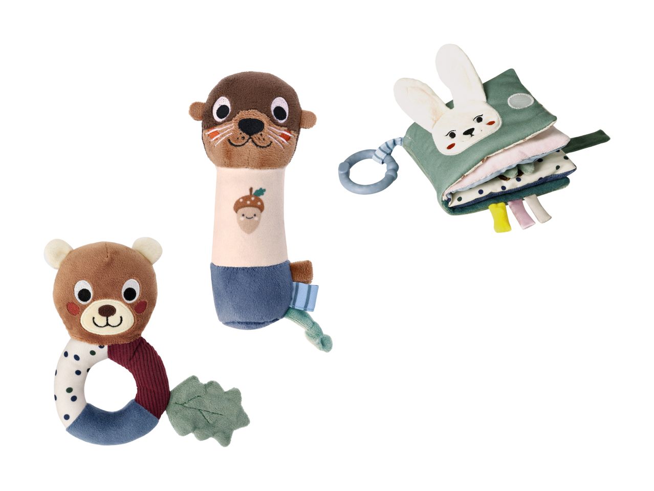 Little Dutch Babyspielzeug: Bärchen-Rassel, Otter-Rassel und Hasen-Aktivitätsbuch.