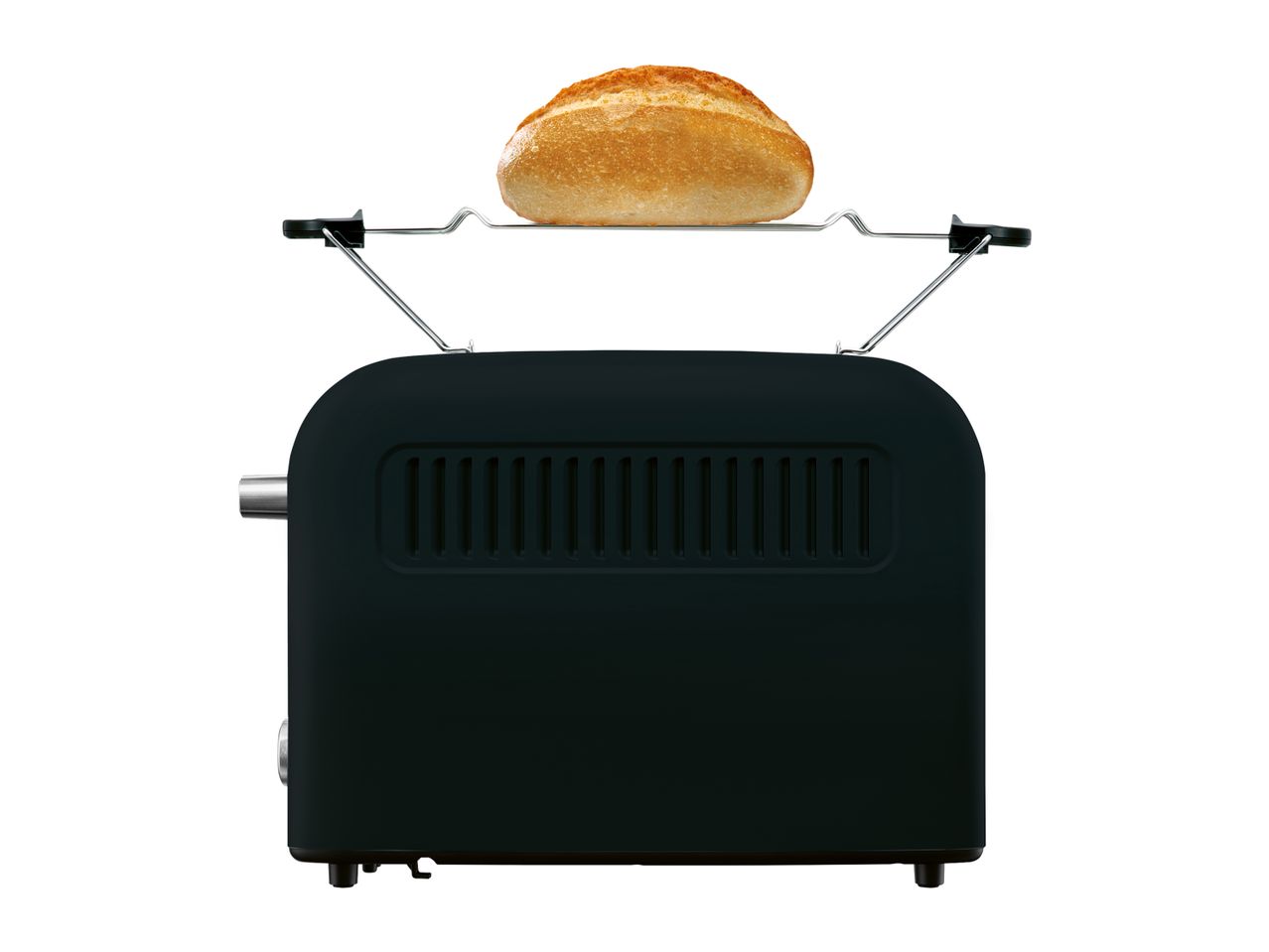 A black toaster with a slice of bread popping up.