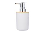 White soap dispenser with a chrome pump and a bamboo-look collar