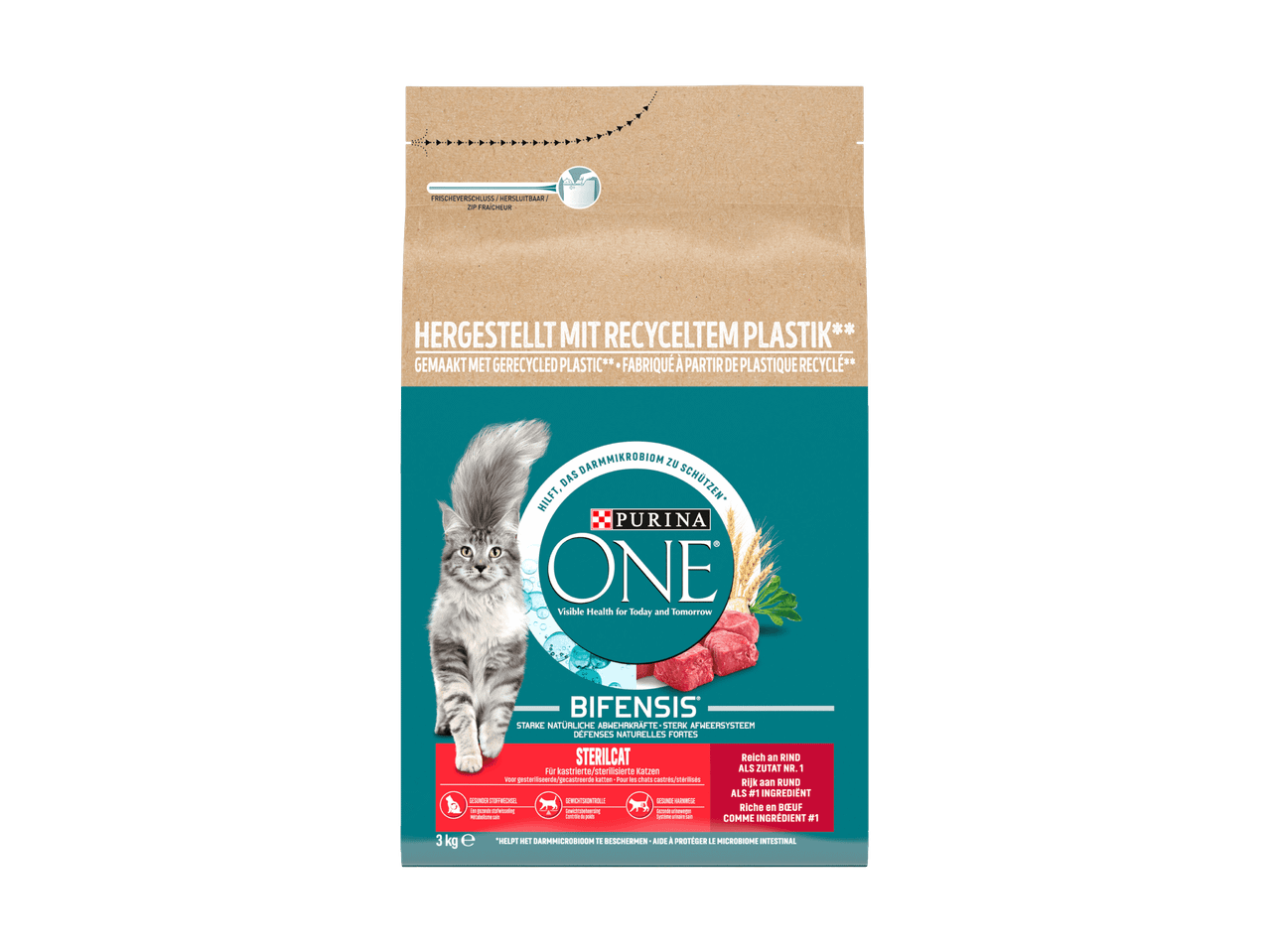 Purina ONE Sterilcat Trockenfutter für Katzen mit Rindfleisch, hergestellt aus recyceltem Plastik.