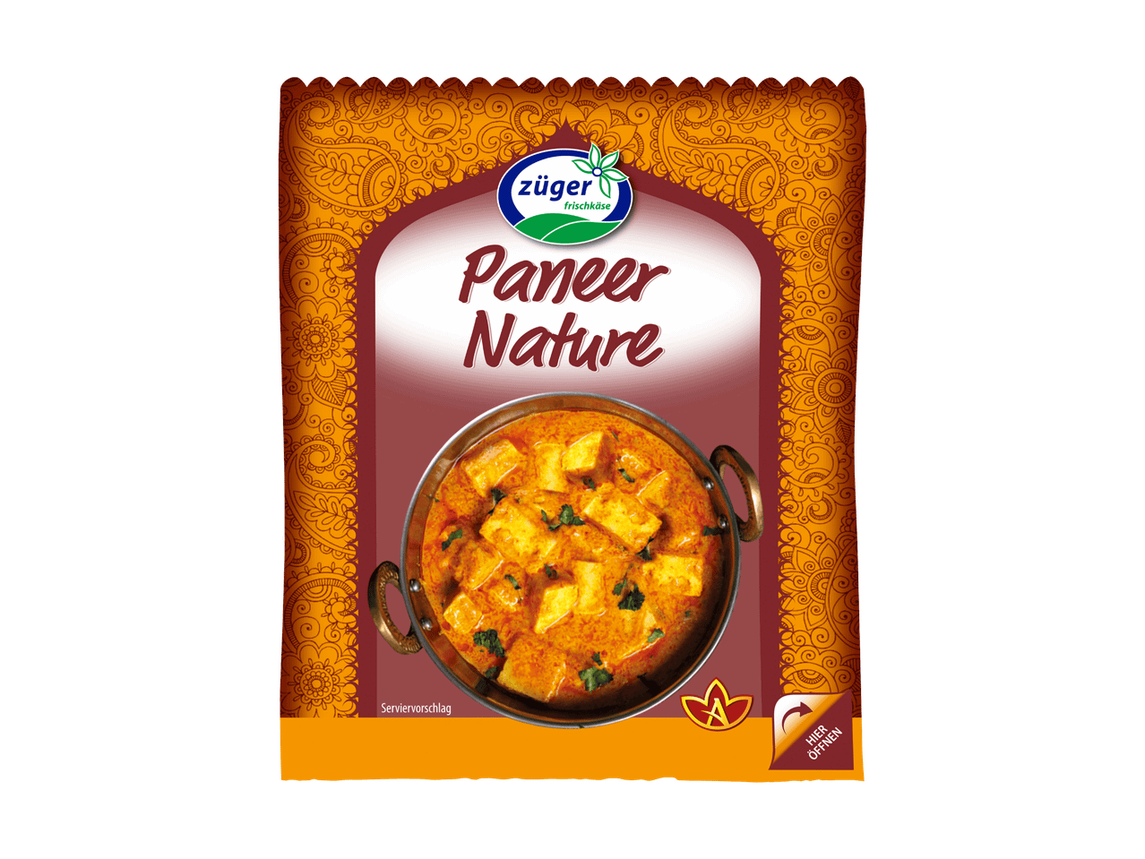 Verpackung von Paneer Natur mit einem Paneer-Curry-Gericht und einem Paisley-Muster.