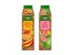 To flasker nektar: mango & passionsfrugt og pink guava, begge veganske.