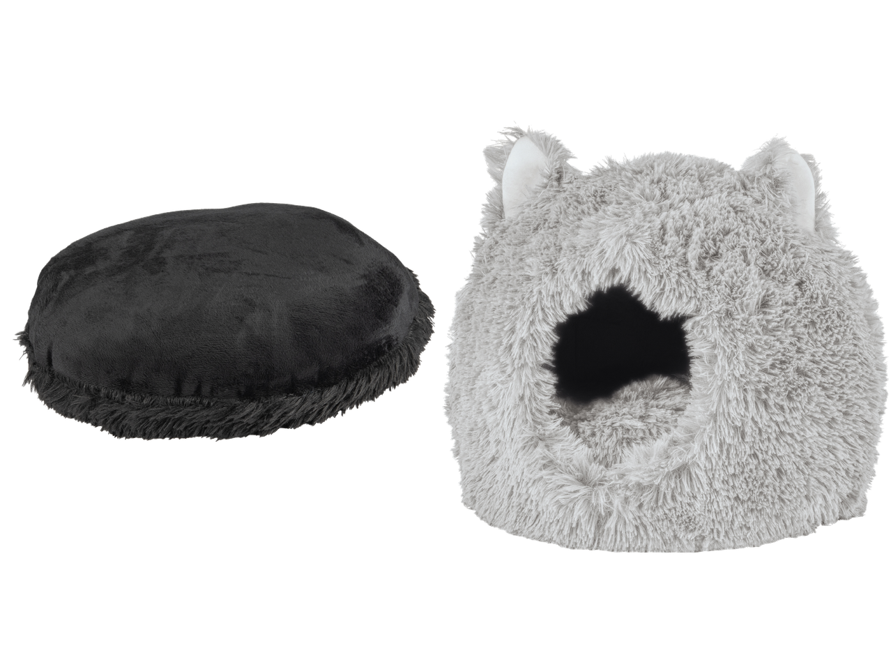 En svart rund husdjursbädd och en grå husdjursgrotta med öron.