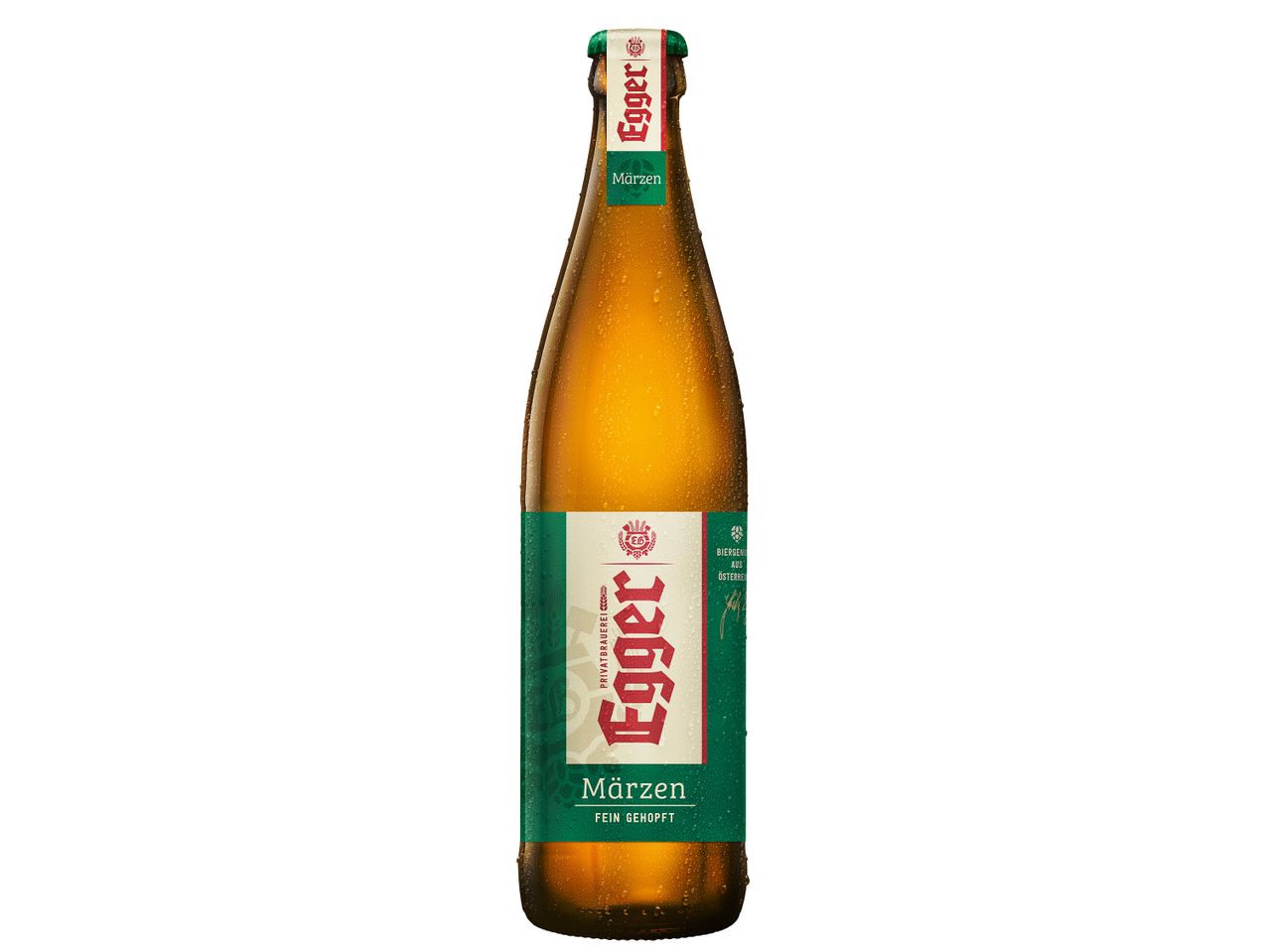 Eine Flasche Eggenberg Märzen Bier mit Kondensation.