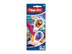 Two correction tape dispensers with colorful marbled designs on a white background.
