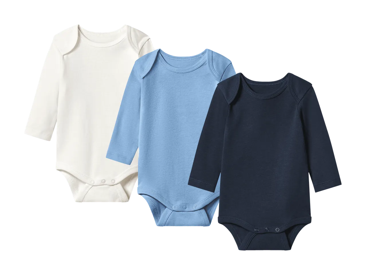 Tre langærmede babybodystockings i hvid, lyseblå og mørkeblå.
