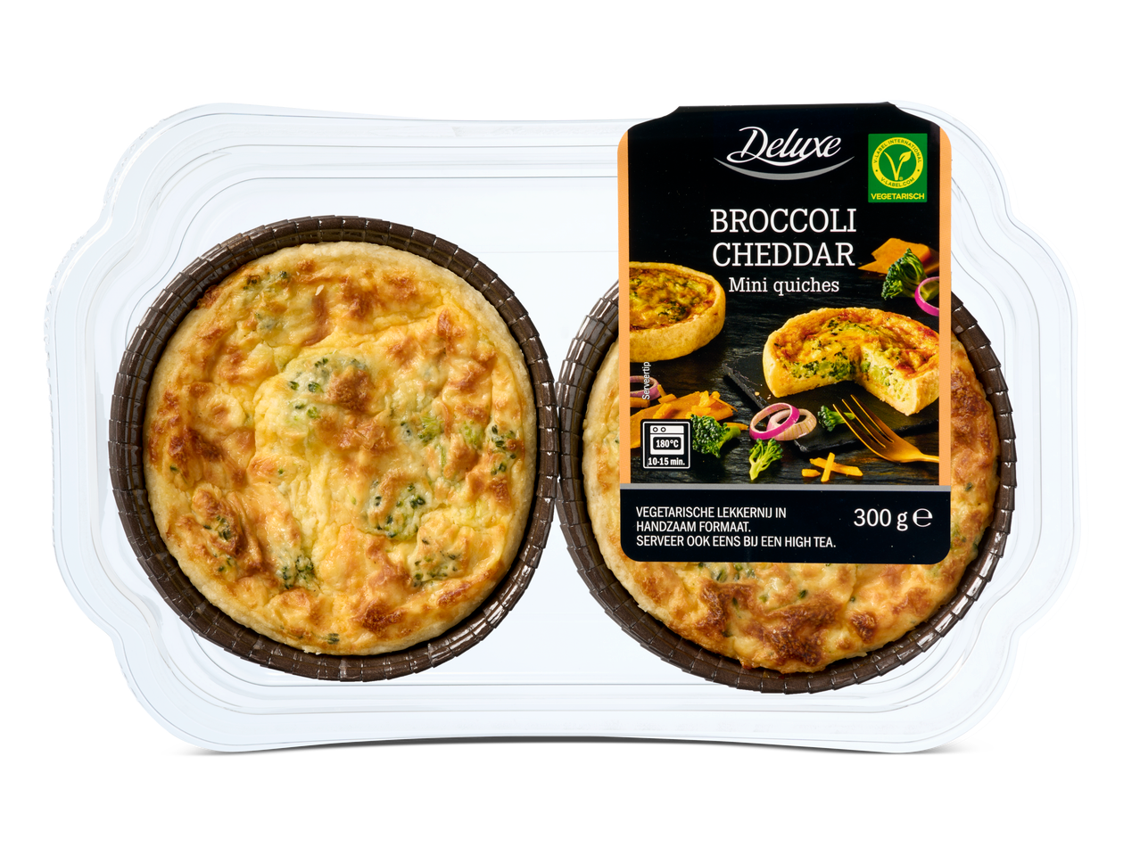 Deluxe Broccoli Cheddar Mini Quiches, 300g, vegetarisch, ovenklaar.