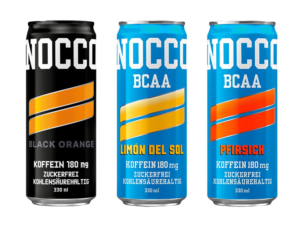 Tre lattine di NOCCO, in nero, blu e blu, con i gusti Black Orange, Limón del Sol e Pesca.