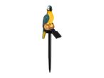 Solar-powered garden stake light in the shape of a blue and yellow parrot on a log.