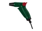 Green garden spray gun with a red button and black nozzle, connected to a black hose.