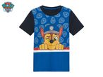 Blue children's t-shirt with a cartoon dog wearing a police hat and winking, with paw print badges.