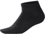 A single black ankle sock, made of knitted fabric, shown against a black background.