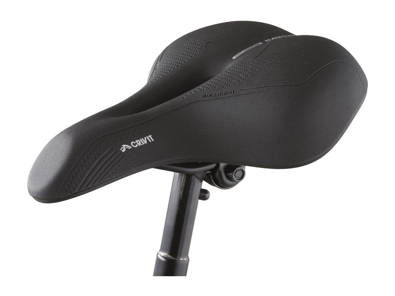 A black Crivit bicycle saddle is mounted on a black seatpost.