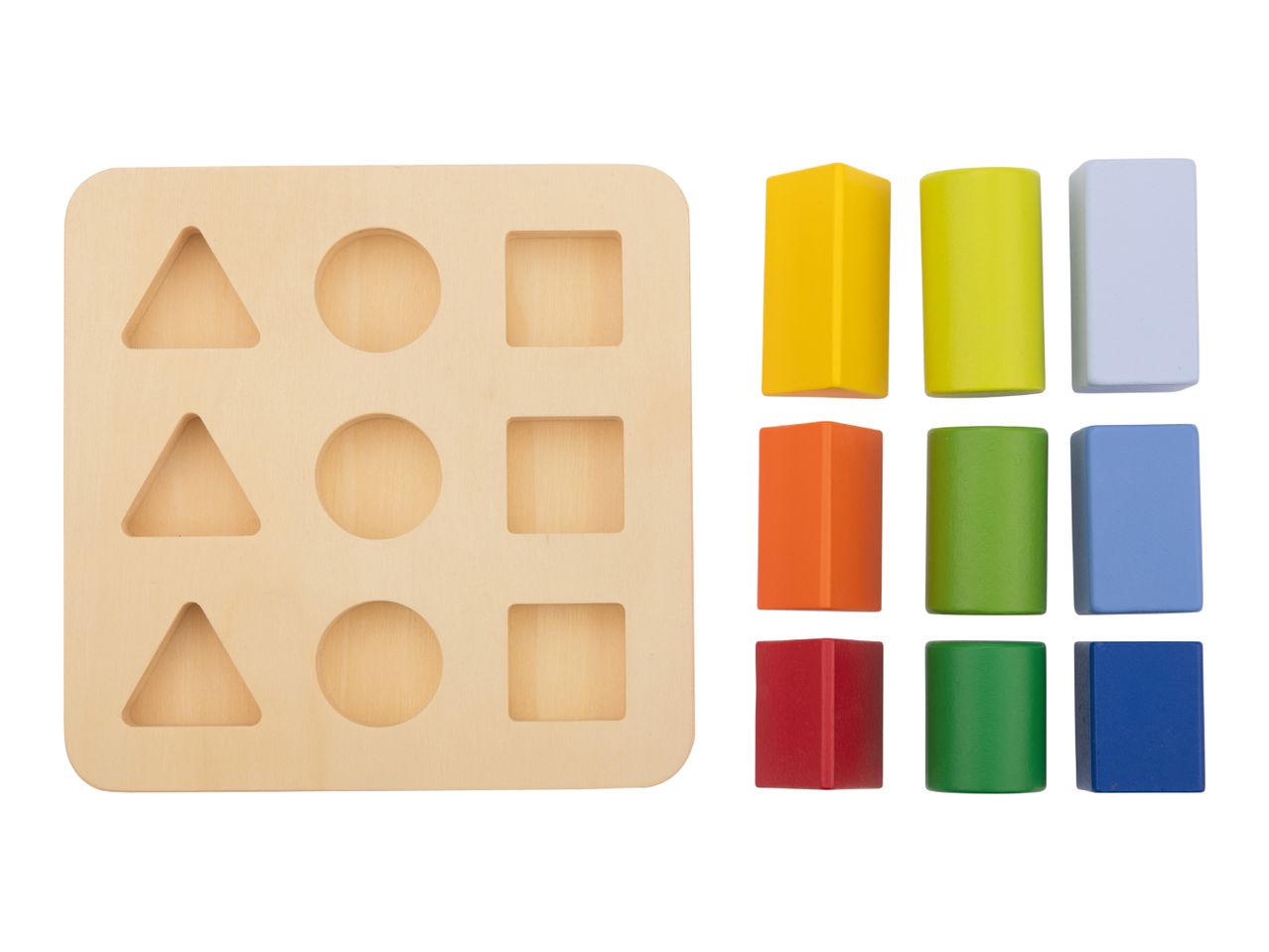Wooden shape sorter with nine colorful geometric blocks: triangles, circles, and squares.