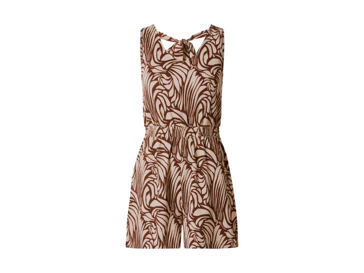 Brun og beige mønstret jumpsuit med bindebånd i nakken og elastik i taljen.