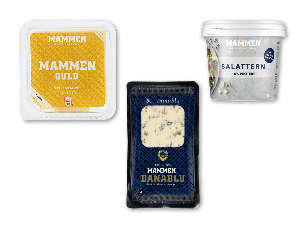 Tre ostevarer: en gul ost i skiver, en blåskimmelost og en salatost med 18% protein.