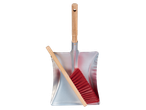 Dustpan and brush with red bristles.