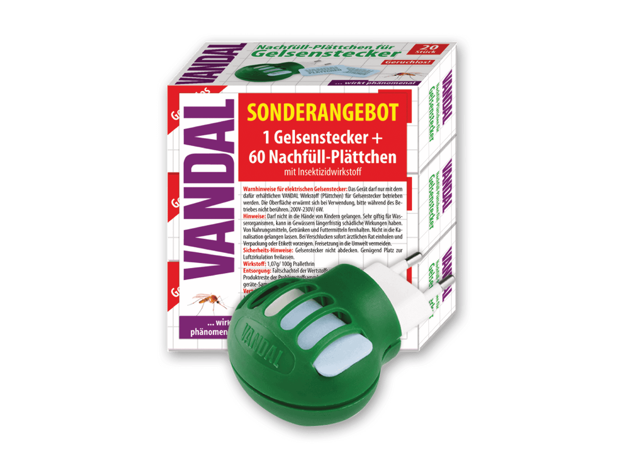 Sonderangebot für einen Gelsenstecker mit 60 Nachfüll-Plättchen und Insektizidwirkstoff.