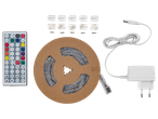 Kit de lumini LED RGB cu telecomandă, adaptor de alimentare și accesorii de montaj.