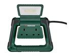 A green and black Parkside LED work light with multiple power outlets.
