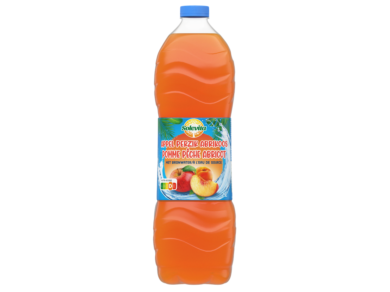 Bouteille de jus de pomme, pêche et abricot avec de l'eau de source, affichant un Nutri-Score C.