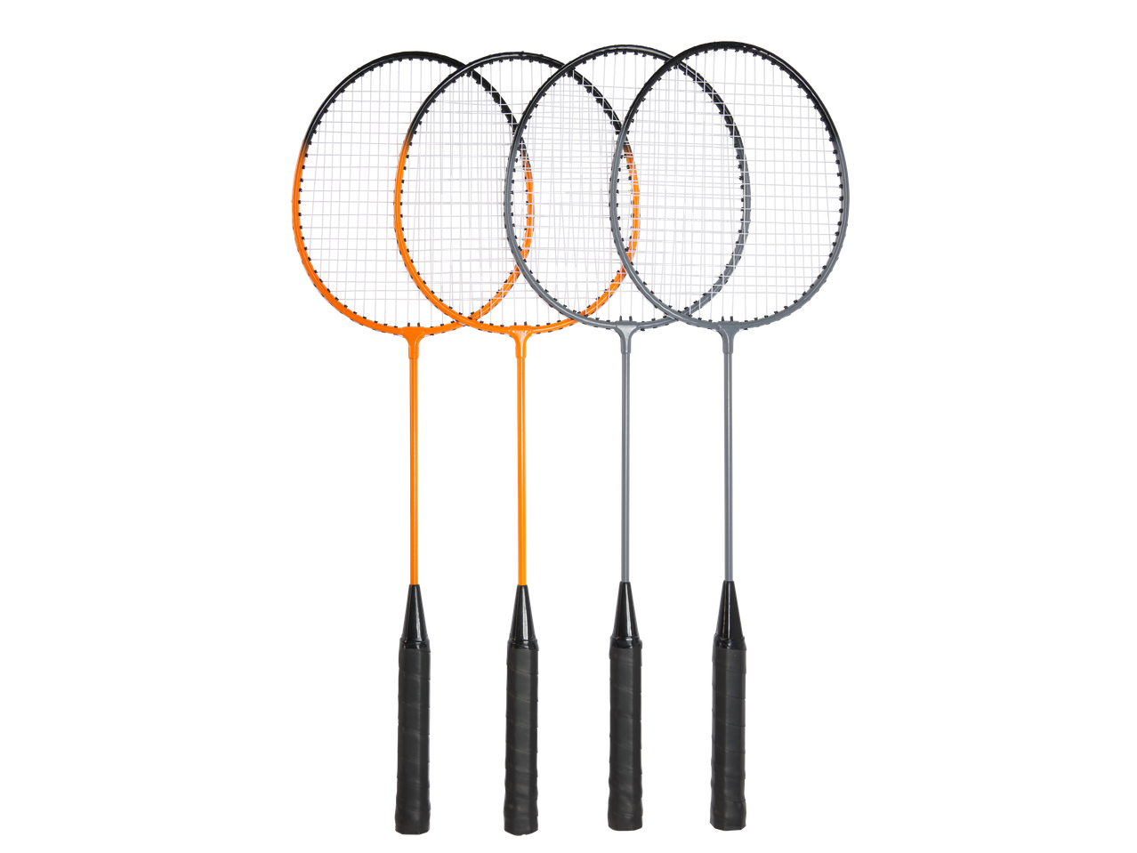 CRIVIT Badminton Set: Four badminton rackets, two orange and two grey, with black grips.