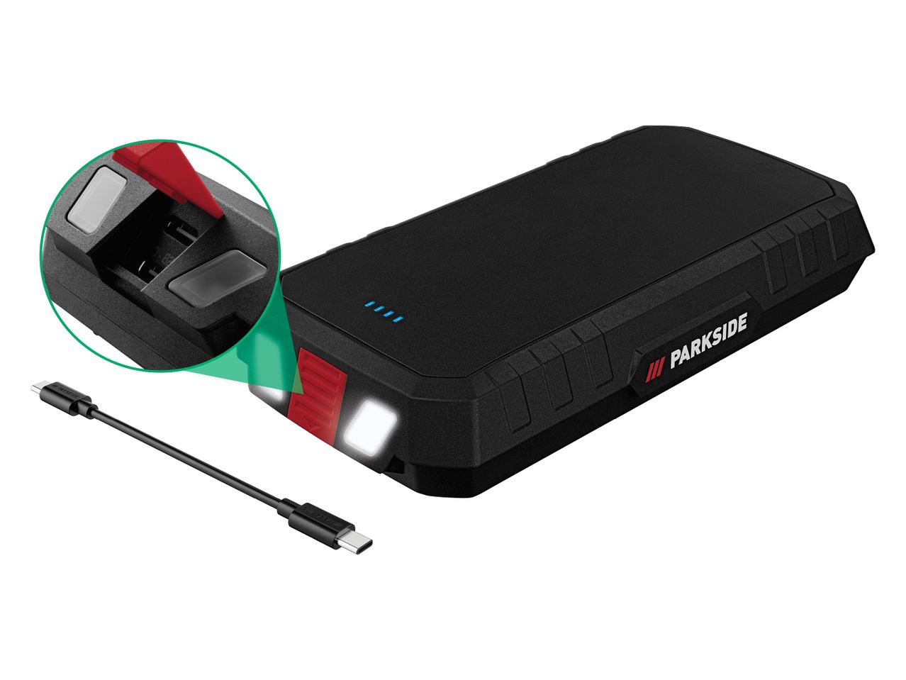 Parkside prenosni avtomobilski zaganjalnik z vgrajeno LED svetilko in USB-C kablom.