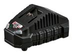 Black power tool battery charger with a 20V 2.4A output, featuring indicator lights.