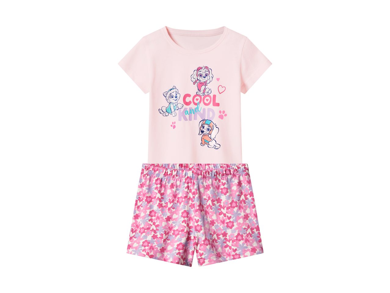 Lyserødt nattøjssæt med kortærmet t-shirt og shorts med blomsterprint og tegneseriehunde.