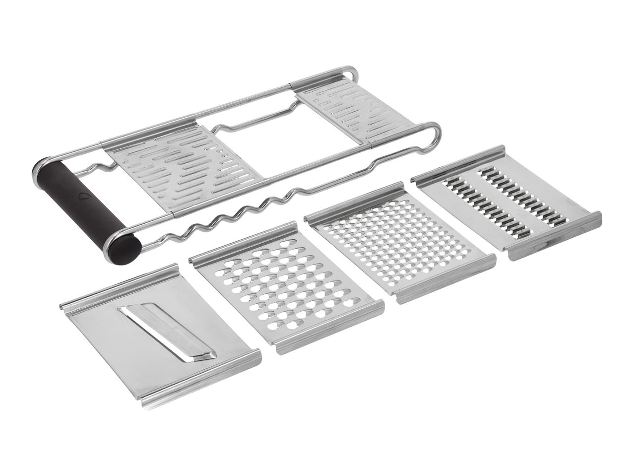 Stainless steel mandoline slicer with multiple interchangeable grating and slicing blades.