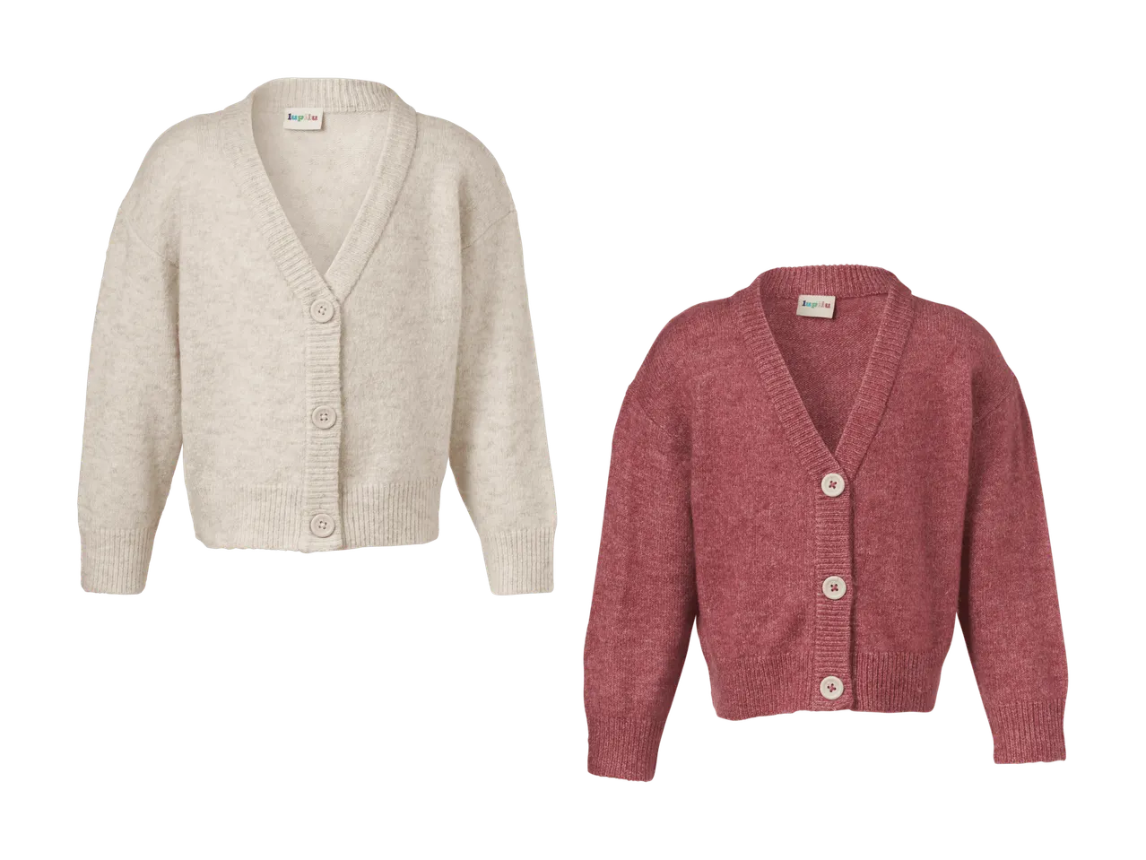 To strikkede cardigans, en beige og en rød, med knapper og V-udskæring.