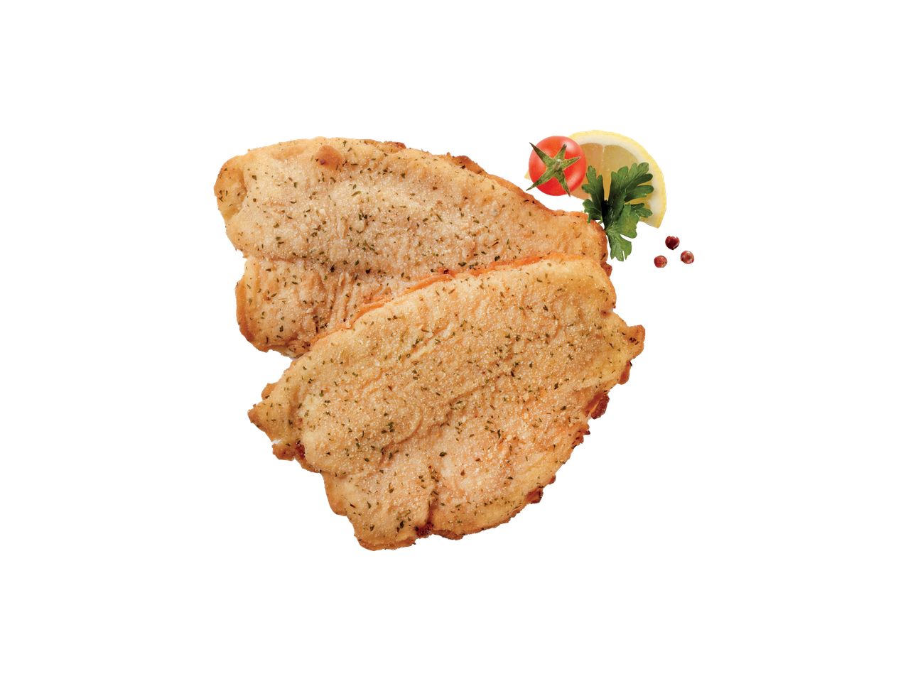 Due filetti di pesce impanati e dorati, serviti con contorno.