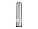 Stainless steel electric salt or pepper mill with a clear chamber filled with coarse salt.