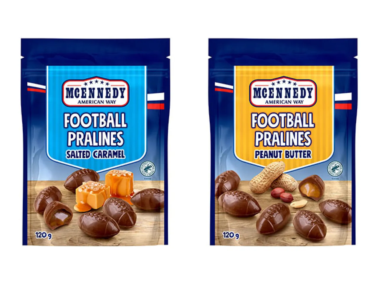 Two pouches of football-shaped pralines: salted caramel and peanut butter flavors.
