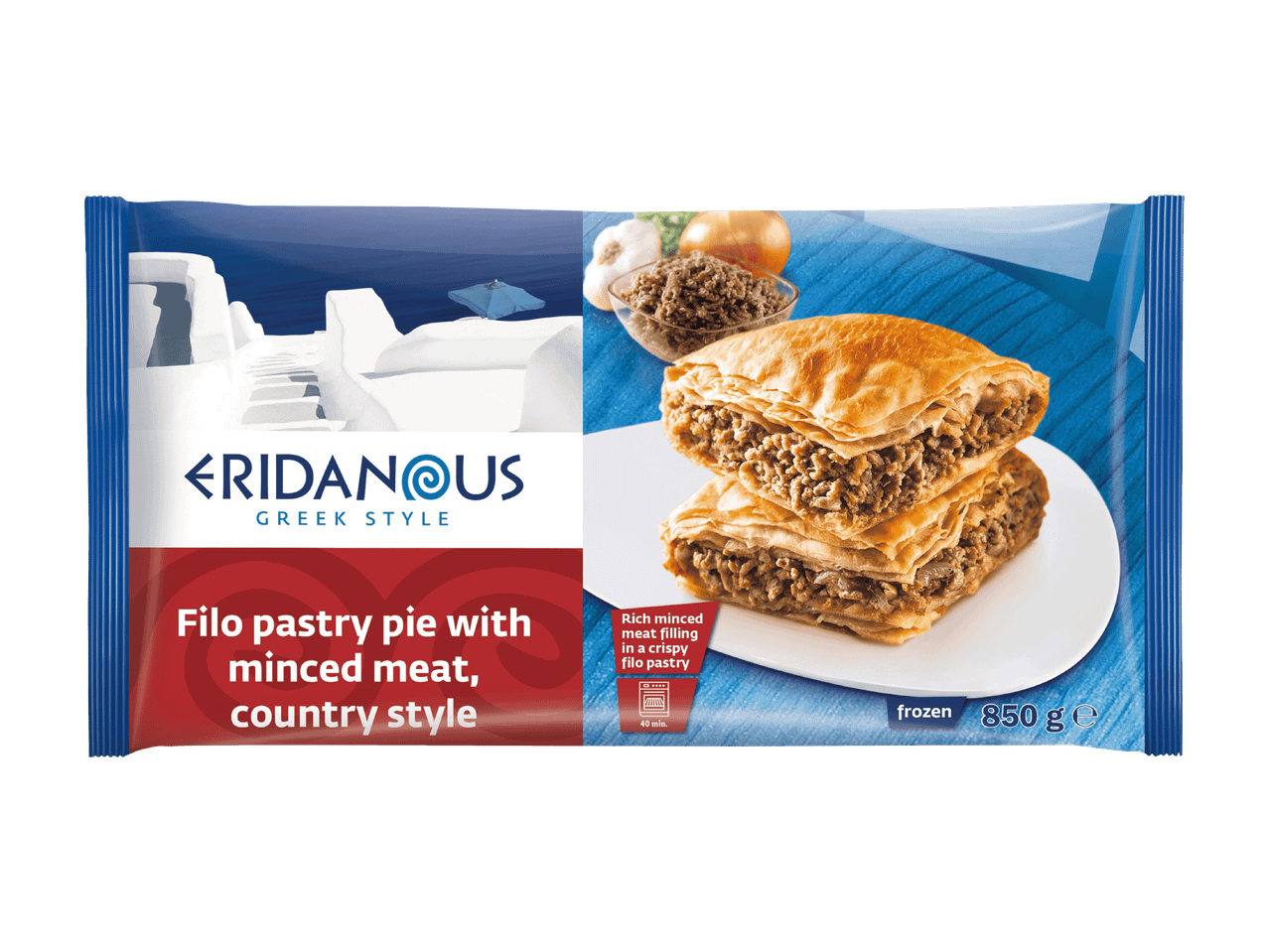 Tourte grecque en pâte filo à la viande hachée, surgelée, 850g