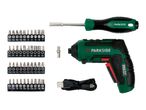 Cordless screwdriver set with various bits, a manual screwdriver, and a charging cable.