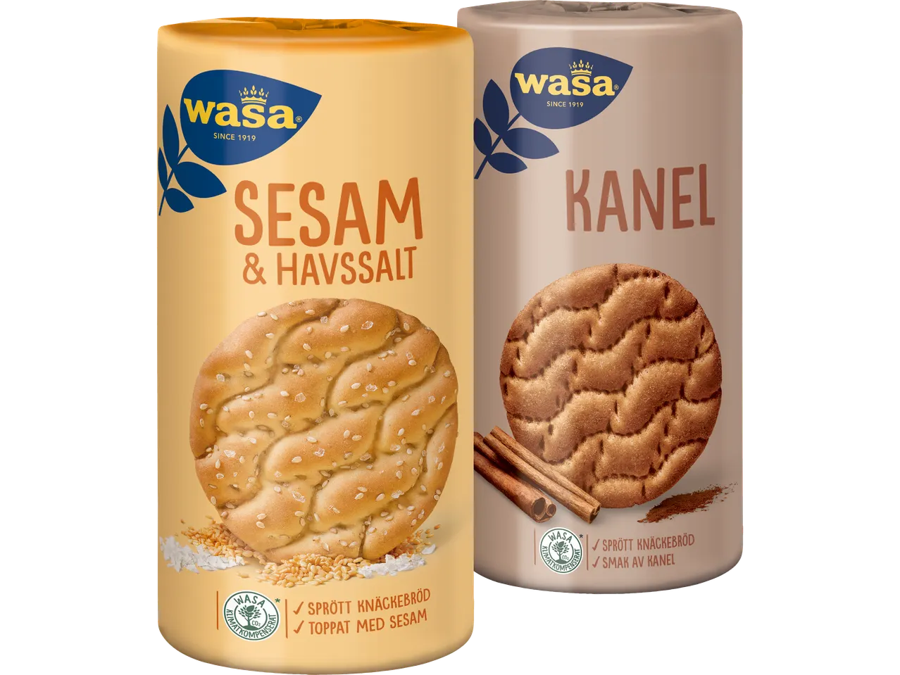 Två paket Wasa knäckebröd: Sesam & Havssalt och Kanel.