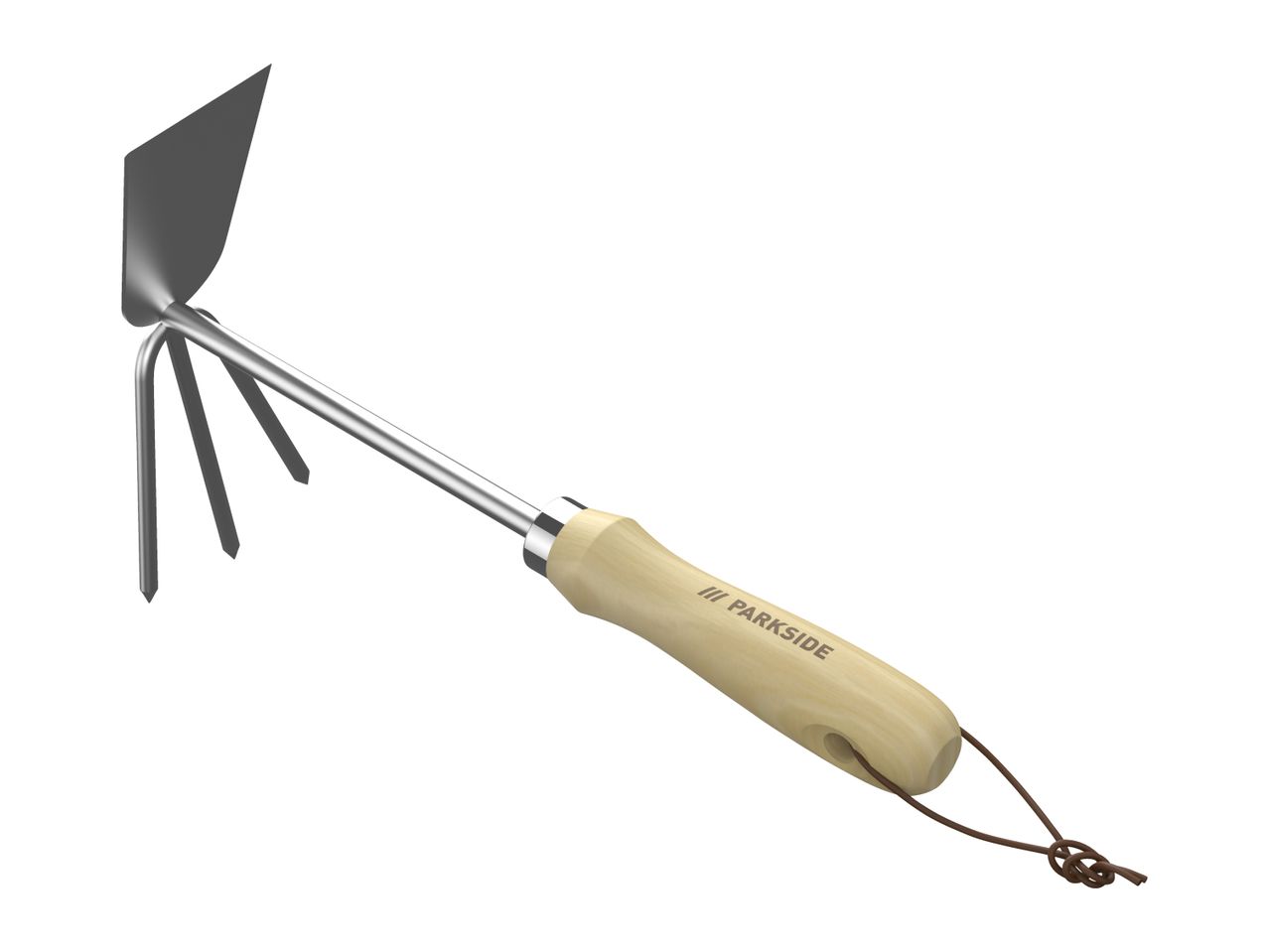 A garden hoe with a wooden handle and a metal head featuring a flat blade and three prongs.