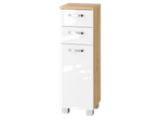 White chest of drawers with three drawers and a wooden top.